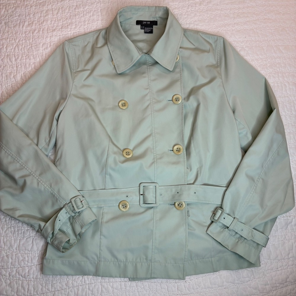 Per Se Crop Trench Jacket Women 18 Sage Green Belted Double Breasted Lightweight